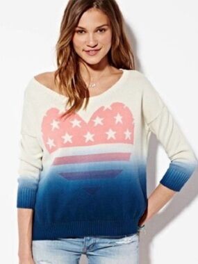 American Eagle Flag Heart Sweater XL Oversized Cream Blue Ombre Cotton Knit